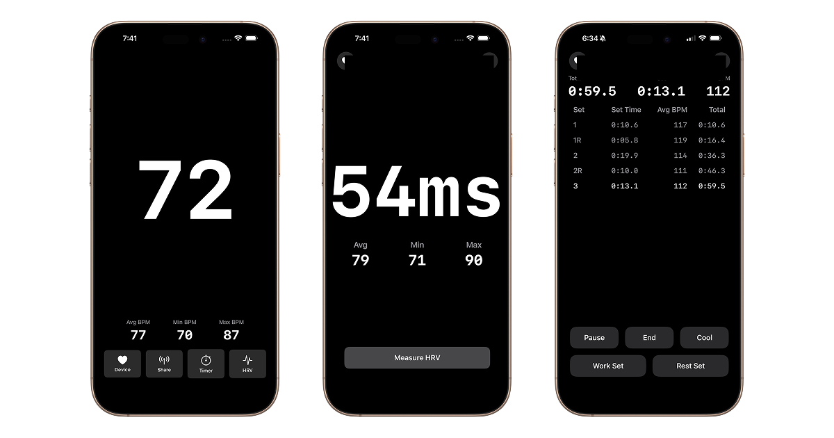 BPM app screenshots showing heart rate monitoring, HRV measurement, and workout timer views