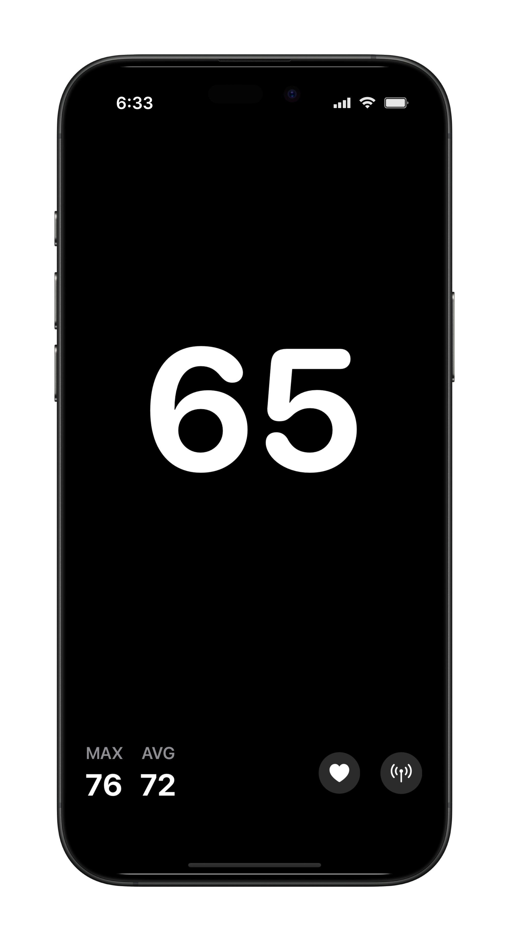 BPM app screenshot showing heart rate of 65