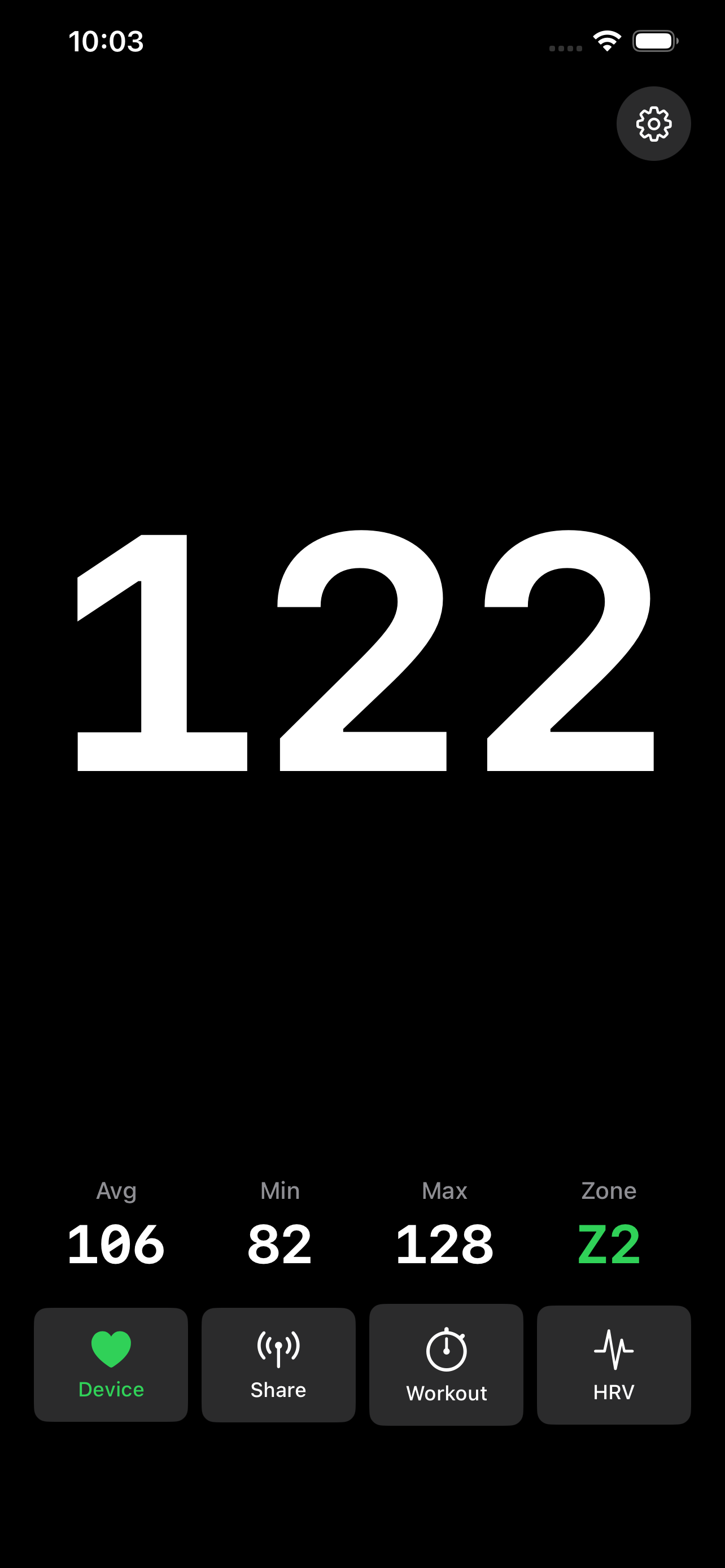BPM live display with a large 122 BPM reading, heart rate statistics, and zone 2 indicator